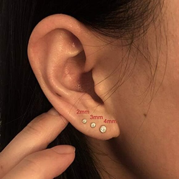Sterling Silver Stud Earrings for Women Men- 3 Pairs of Tiny Round Cubic Zirconi - Picture 4 of 9